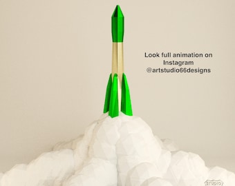 May include: A green and gold rocket ship taking off from a white cloud-like surface. The text "Look full animation on Instagram @artstudio66designs" is in the upper right corner of the image.