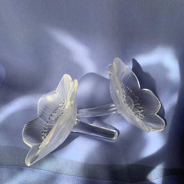 Lalique Crystal Anemone Flowers, Set of 2, French Crystal