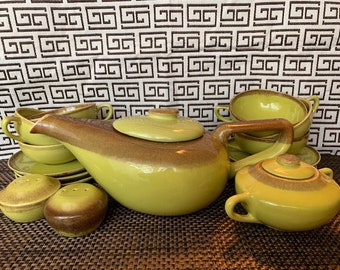 Brock Desert Mist Chartreuse Teapot, MidCentury California Pottery, Brock Ware California Dish Set