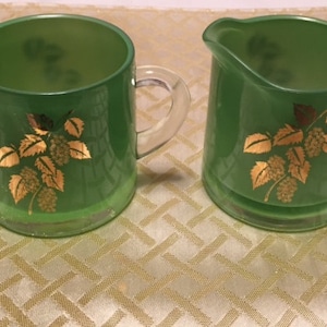 Bartlett Collins Glass Creamer & Sugar Bowl, MidCentury Green Glass Gold Leaf Creamer Sugar Set, Vintage Christmas Gift