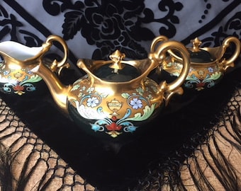 Service à Thé Stouffer Limoges Antique 24 carats peint à la main, 1900s Théière et Sucrier avec Couvercles Tressemann Vogt, Crémier