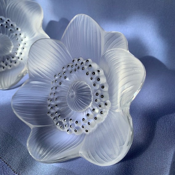 Lalique Crystal Anemone Flowers, Set of 2, French Crystal