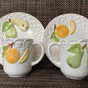 Made in Portugal Fruit Plate Mug Set, Orange Green Pear White, Sanor Ceramica Set of 4