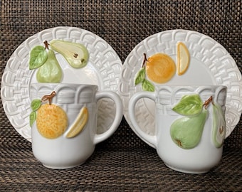 Made in Portugal Fruit Plate Mug Set, Orange Green Pear White, Sanor Ceramica Set de 4