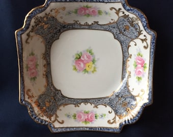 Bol Nippon peint à la main, Moriage japonais en or bleu, Fleurs roses jaunes, Cadeau pour la fête des Mères, Antique Nippon
