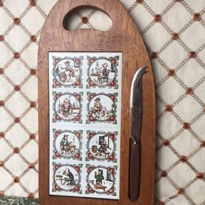 MidCentury Cheese Board, Pub Scene Elesva Dutch Wooden Tile Cheese Board and Knife Set, Colonial Vignette Tile Cheese Board