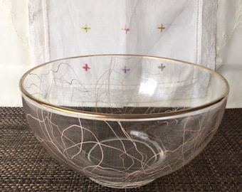 Salad bowl pink drizzle des années 1950, Hazel Atlas Pink Swirl MidCentury Fruit Bowl, Grand Gold Rim Bowl