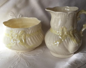 Belleek Ireland Ribbon & Bow Creamer Sugar 6th Mark, Yellow Cobb Luster Collectible Belleek China, Christmas Gift