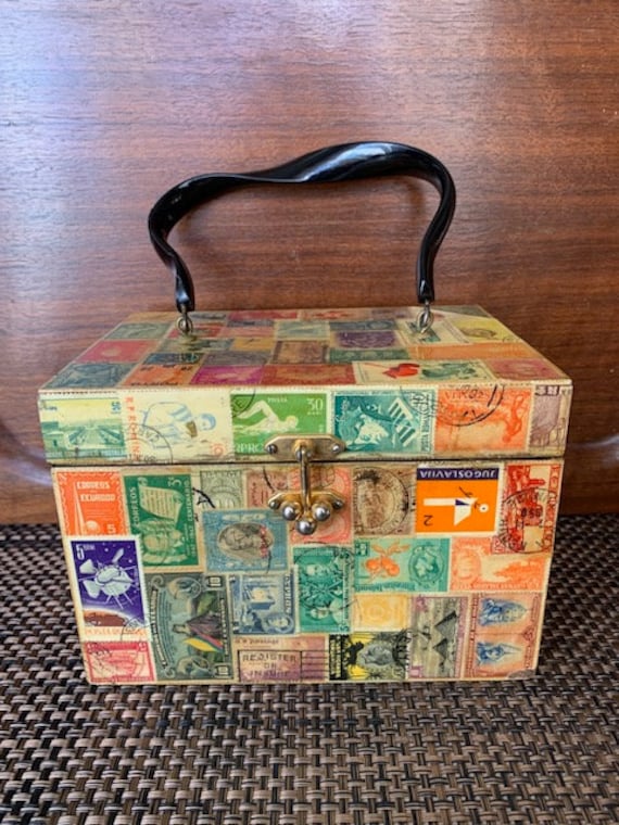 Decoupage Box Purse, 1960s Wooden Postage Stamp Pu