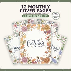 Monthly Cover Pages Bundle | 12-Month Bullet Journal Title Pages, Printable Watercolor Floral Planner Inserts, A4 A5 Letter Digital Download
