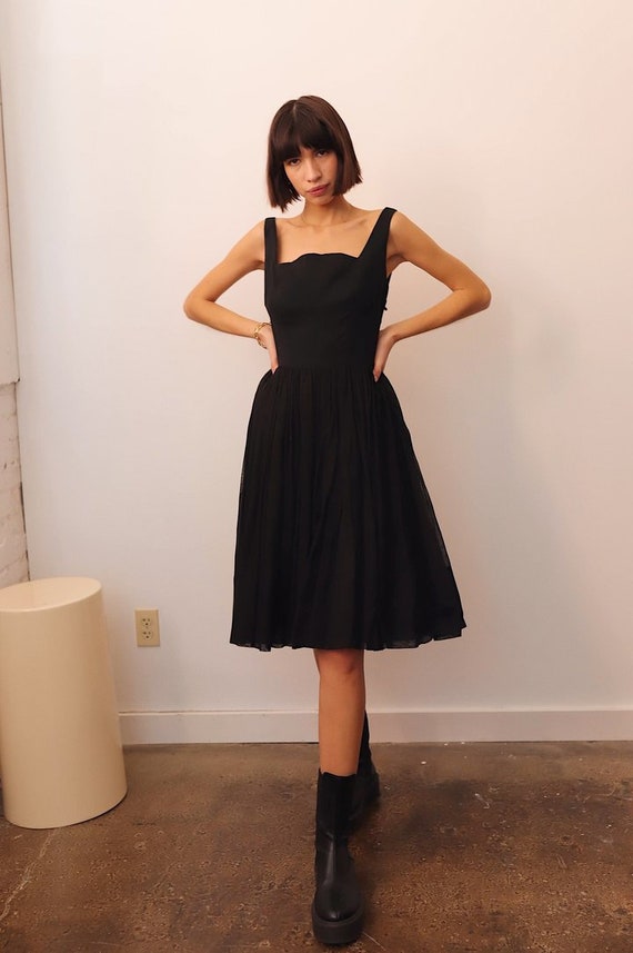 Vintage 1950s Black Square Neck Fit & Flare Dress