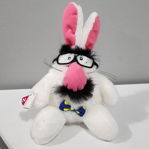 Vintage Dakin Stuffed Bunny: Pink Nose, Mustache, Glasses Disguise image 1