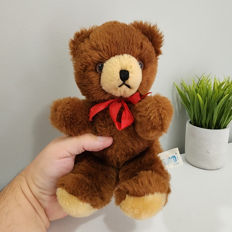Vintage GUND 8 Inch Plush Brown Teddy Bear With Red Bow Stuffed Animal ...