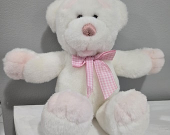 * vintage bear ❀ * もふもふ ピンクリボンの 白クマさん Vintage Cuddle Wit Pink Sitting Bear Black Nose Gingham Bow Around