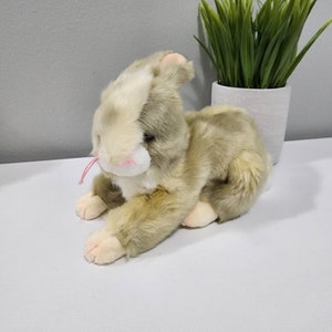 May include: A plush brown and white bunny rabbit toy with pink nose and whiskers. The bunny is lying on its belly with its head turned to the side.