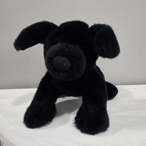 Puede incluir: Perro de peluche negro con la nariz marrón. El perro está sentado sobre una superficie blanca.
