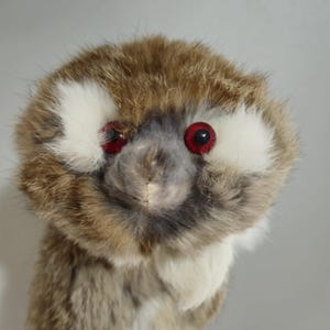 May include: A brown and white stuffed toy with large red eyes. The toy has a furry face and a long, fluffy tail.