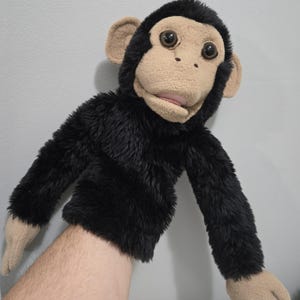 May include: A black and tan monkey hand puppet with a plush, furry body and a detailed face. The puppet has large, expressive eyes, tan ears, and a pink mouth. The puppet's arms are extended.