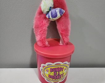 Vintage Pink Plush Bunny in Bucket with Lid