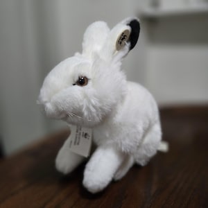 May include: A plush white rabbit toy with soft fur, brown eyes, and long ears featuring black tips. The rabbit has a small circular tag attached to one ear and a white rectangular fabric label hanging from its chest area, displaying visible text.