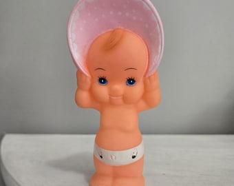 Baby Joy Kewpie Bottom Squeak Toy Rubber Baby with Pink Bonnet 5.5"