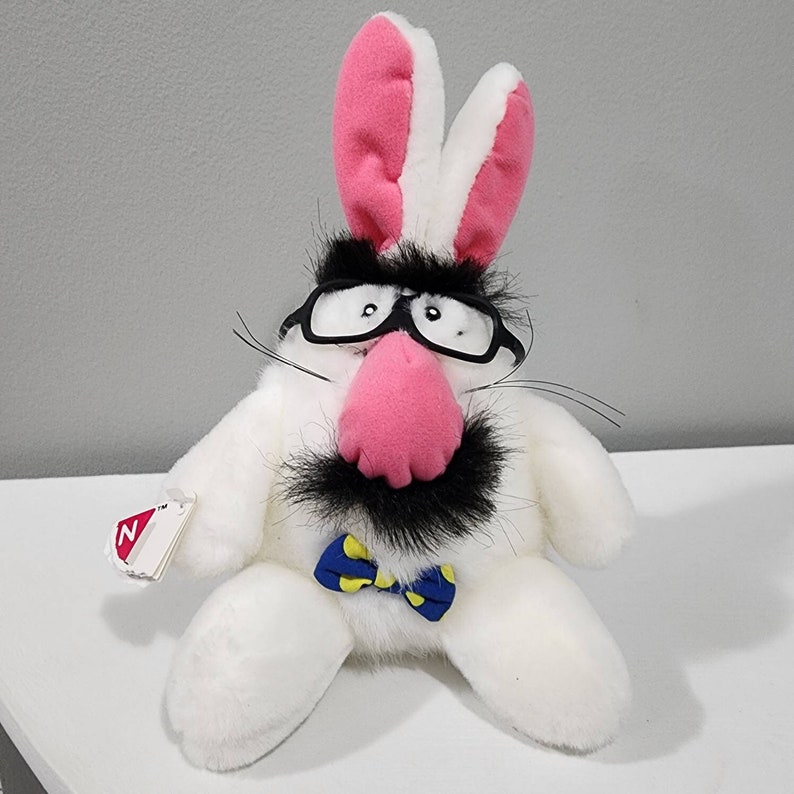 Vintage Dakin Stuffed Bunny: Pink Nose, Mustache, Glasses Disguise image 1