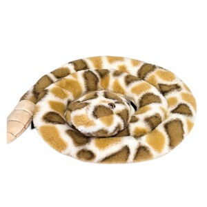 May include: A plush snake toy coiled in a circular shape, featuring a soft faux fur texture with a repeating pattern of brown, tan, and white patches. The head is positioned in the centre, and the tail end features a smooth, light tan rattle.