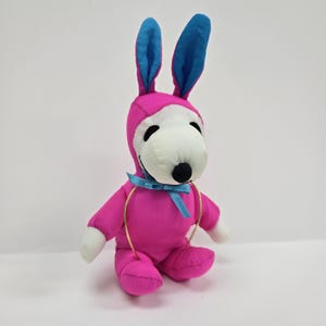 Vintage Snoopy Easter in a Bright Pink Bunny Suit with Ears Plush Stuffed Toy