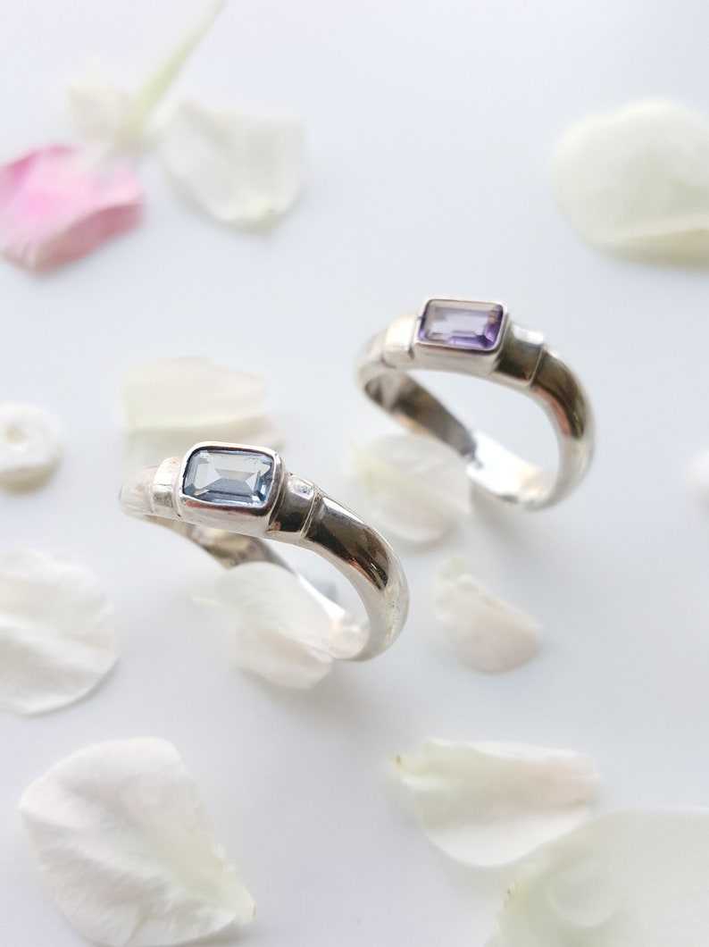 Sterling Silver Rectangular Stone Wave Shape Ring Faceted Amethyst Ring Minimal Ring Modernist Ring Vintage Blue Topaz Ring Gift for wife