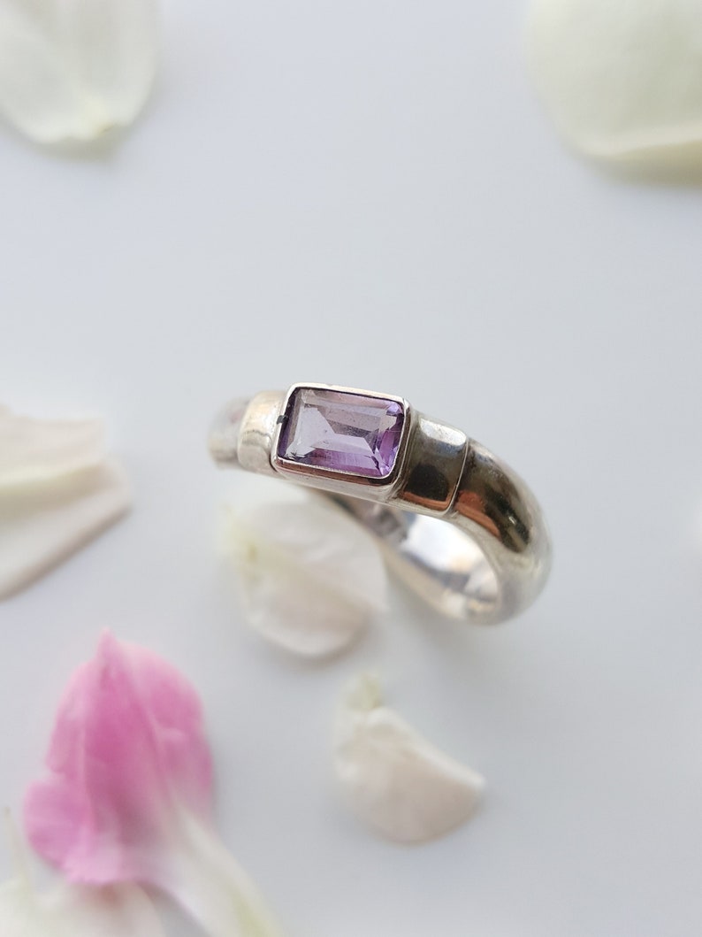 Sterling Silver Rectangular Stone Wave Shape Ring Faceted Amethyst Ring Minimal Ring Modernist Ring Vintage Blue Topaz Ring Gift for wife