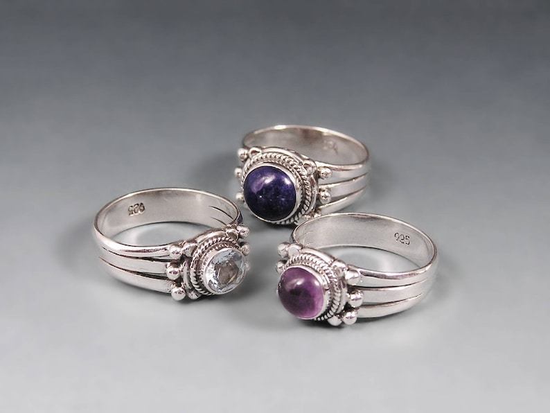Sterling Silver Rectangular Stone Wave Shape Ring Faceted Amethyst Ring Minimal Ring Modernist Ring Vintage Blue Topaz Ring Gift for wife