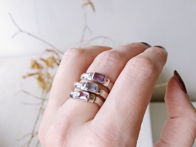 Sterling Silver Rectangular Stone Wave Shape Ring Faceted Amethyst Ring Minimal Ring Modernist Ring Vintage Blue Topaz Ring Gift for wife