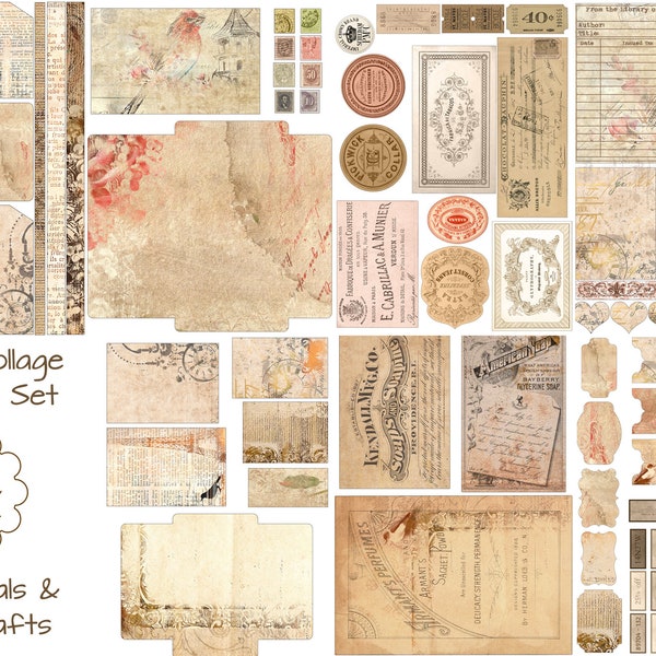 Vintage Collage Ephemera Pack for junk journal, scrapbook, card making, tags, pockets, journal cards, tickets, labels, words, phrases etc.