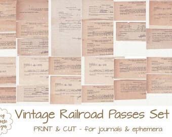 Set 2: Printable Vintage Railroad Passes, commercial use OK for PRINTED junk journals, planners, scrapbooking, tags, paper crafts and more!