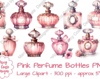 Pink Perfume Bottles Clipart, watercolor, PNG, coquette aesthetic, girly vibe, print on demand OK - read full terms below before buying!