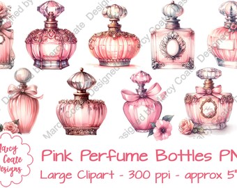Clipart przedstawiający różowe flakony perfum, akwarela, PNG, kokieteryjna estetyka, dziewczęcy klimat, druk na żądanie OK — przed zakupem przeczytaj pełne warunki poniżej!