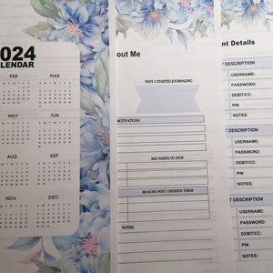 2024 Blue Floral Planner for Women, printable, includes 27 pgs, 2 pgs of tabs with words & blank, monthly, weekly, daily, budget, goals image 1