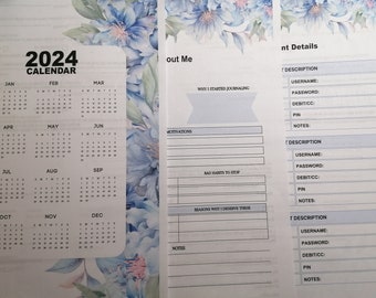 2024 Blue Floral Planner for Women, printable, includes 27 pgs, 2 pgs of tabs (with words & blank), monthly, weekly, daily, budget, goals