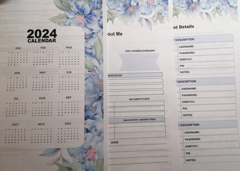 2024 Blue Floral Planner for Women, printable, includes 27 pgs, 2 pgs of tabs with words & blank, monthly, weekly, daily, budget, goals image 1