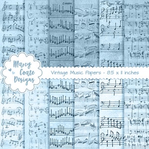 12 papéis musicais vintage azuis FORMATO PAISAGEM, uso comercial ok para diários IMPRESSOS, planejadores, scrapbooking, cartões, etiquetas, artesanato em papel