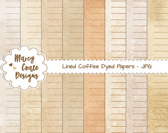 8 Lined Coffee Dyed HORIZONTAL Papers, commercial use OK for PRINTED journals, planners, stickers, scrapbooks, cards, tags, paper crafts etc