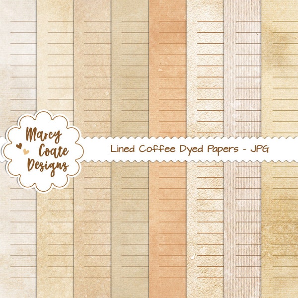 8 Lined Coffee Dyed Digital Papers, commercial use OK for PRINTED journals, planners, stickers, scrapbooking, cards, tags, paper crafts, etc