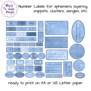Blue Printable Number Labels with vintage backgrounds, junk journal, ephemera, scrapbook, card making, layering, snippets, clusters, dangles