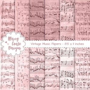 12 papeles musicales vintage de color rosa en formato horizontal, aptos para uso comercial en diarios IMPRESOS, agendas, álbumes de recortes, tarjetas, etiquetas y manualidades de papel.
