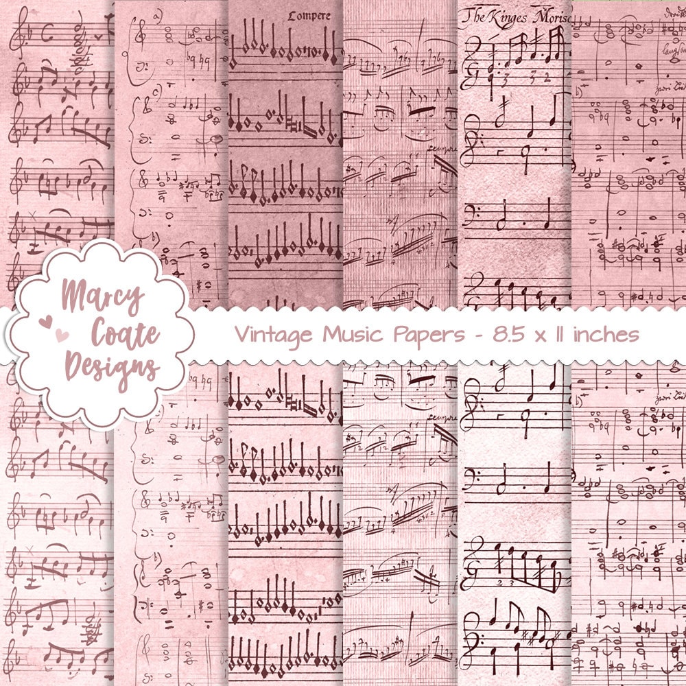 12 Pink Vintage Music Papers LANDSCAPE FORMAT, commercial use ok for PRINTED journals, planners, scrapbooking, cards, tags, paper crafts