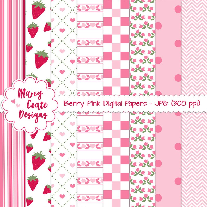 chevron 300 ppi floral lattice 12 printable papers flowers strawberry pattern 12x12 inches Berry Pink Digital Papers backgrounds