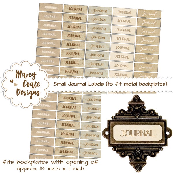 Small Journal Labels (imprimible) para placas de metal con abertura de 1,5 x 1 pulgada (aproximada) con fondos teñidos de café vintage, 5 fuentes