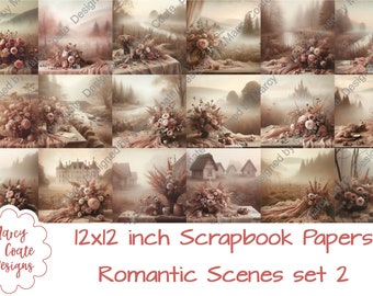 Set 2: Romantic Scenes 12x12 inch Digital Scrapbook Paper for scrapbooking, card making, paper crafts, planners, journals, printables, CU OK