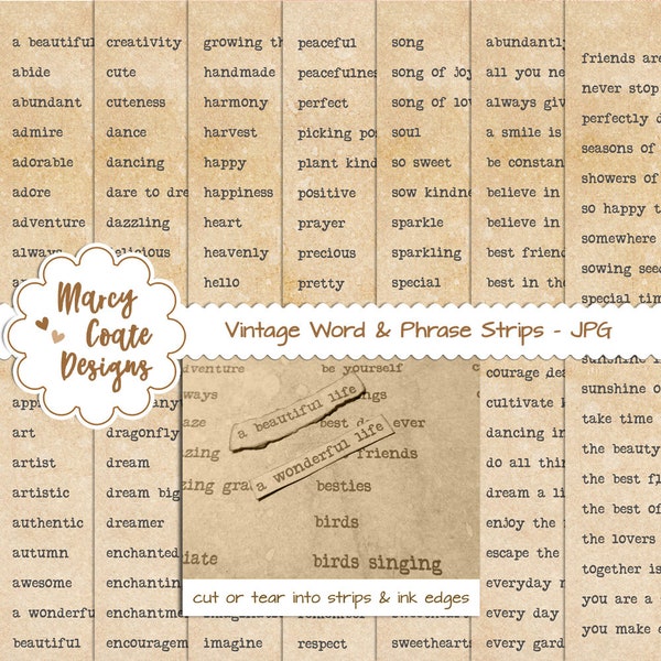 Jumbo Word Strips Bundle 7 printable sheets with coffee dyed backgrounds, tear/cut into strips to make words & phrases to decorate journals