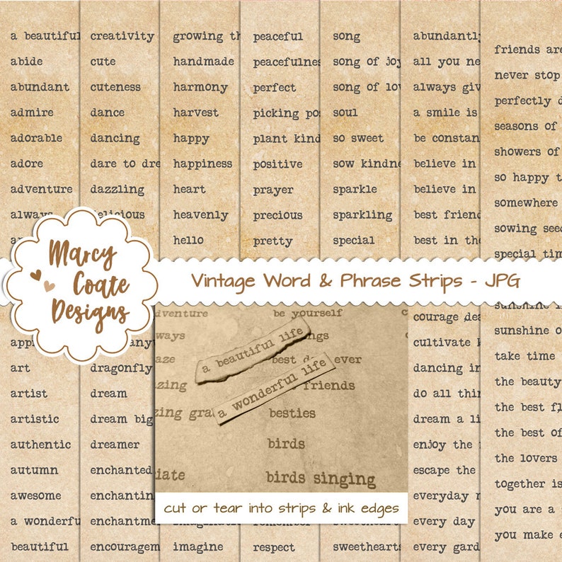 Jumbo Word Strips Bundle 7 printable sheets with coffee dyed image 1